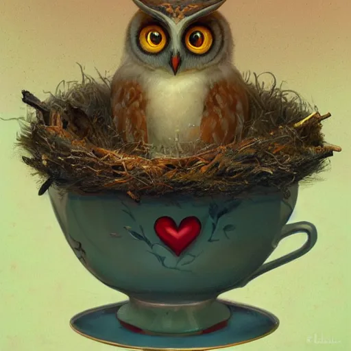 Image similar to long shot of a very cute owl chick nesting in a very romantique cup, by esao andrews, by james jean, marc simonetti, humorous illustration, hyperrealistic, big depth of field, warm colors, night scenery, low light, 3 d octane render, 4 k, conceptart, hyperdetailed, hyperrealistic, trending on artstation