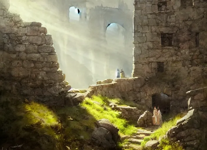 Prompt: watercolor painting of exploring rocky castle ruins, stone walls, very beautiful ambient lighting, sun rays, dust, art by anders zorn, wonderful masterpiece by greg rutkowski, cinematic light, american romanticism by greg manchess, creation by tyler edlin