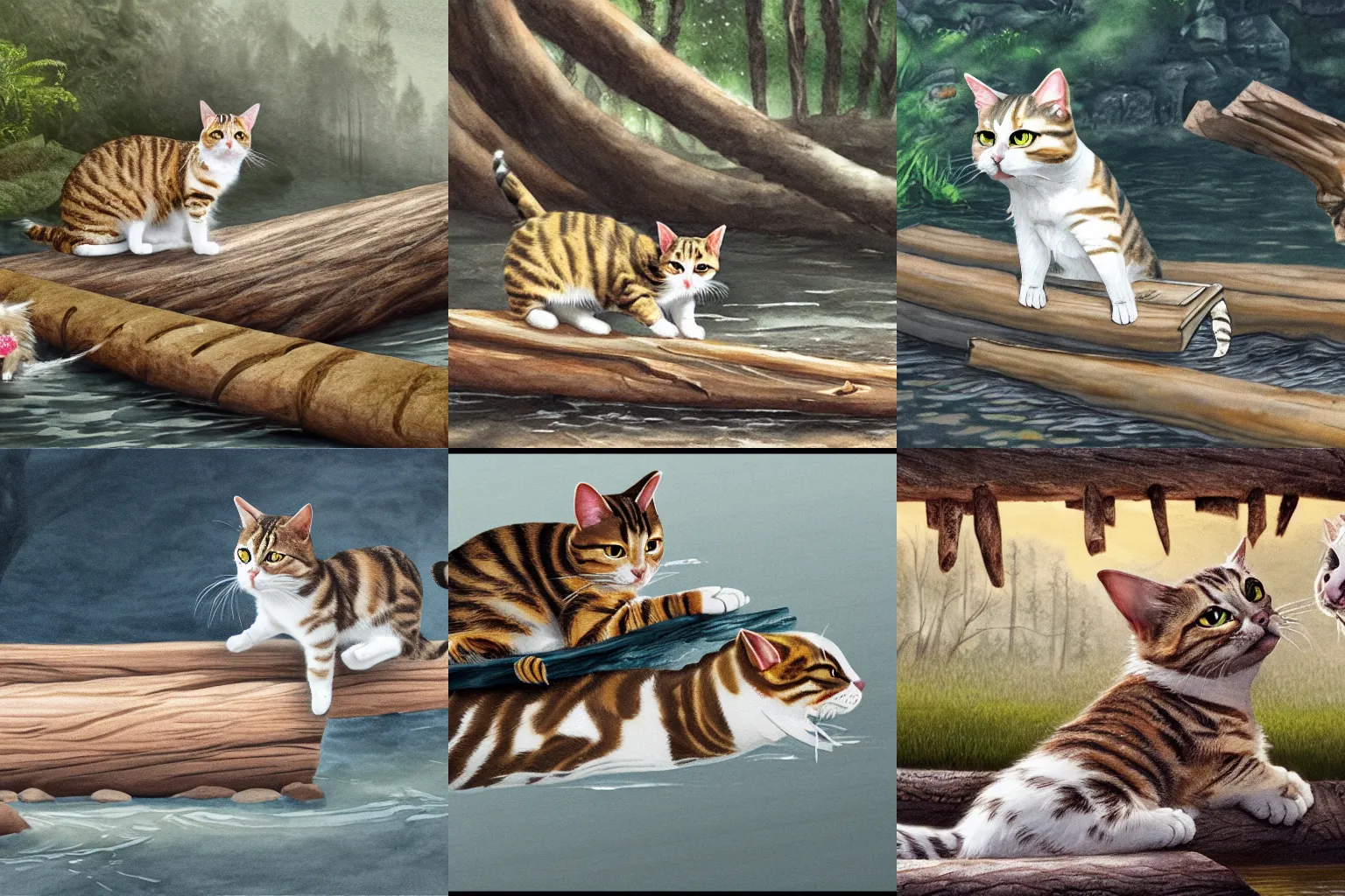 Prompt: a scared tabby and white cat is clinging to a log floating down a river, highly detailed, defussed lighting illustration, highly detailed water colour 8 k, cinematic lighting, hd, high detail, atmospheric, trending on artstation