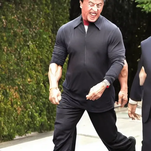 Prompt: sylvester stallone walking around laughing with xi jinping on his back