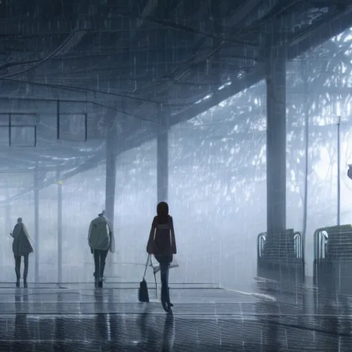 Prompt: raining dark smog dieselpunk dystopia makoto shinkai corrogated steel walkway