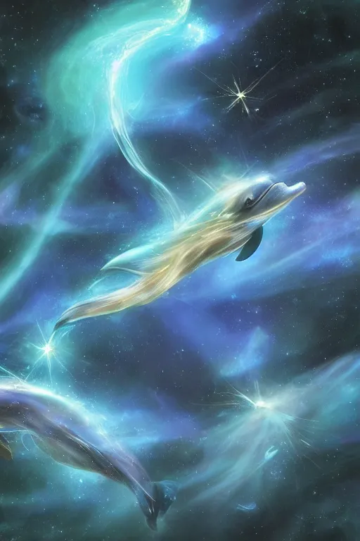 Image similar to Ethereal blue fire dolphins flying through a nebula, Sirius star system, star dust, cosmic, magical, shiny, glow,cosmos, galaxies, stars, outer space, stunning, by andreas rocha and john howe, and Martin Johnson Heade, featured on artstation, featured on behance, golden ratio, ultrawide angle, hyper detailed, photorealistic, epic composition, wide angle, f32, well composed, UE5, 8k