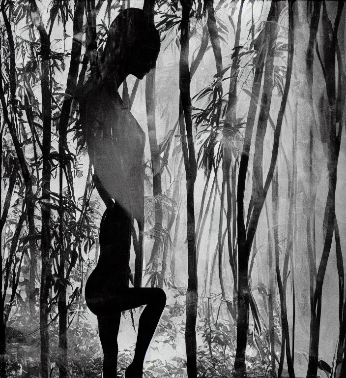 Prompt: a female model with long black hair, emerging from a dense misty jungle wearing camouflage by yohji yamamoto, in the style of daido moriyama, 3 5 mm film, camera obscura, double exposure