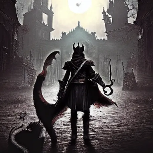 Prompt: An adorable kitten as a 'Bloodborne' hunter