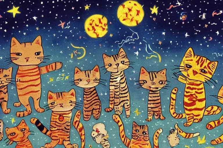 Image similar to night starry sky full of cats, by lous wain and richard scarry