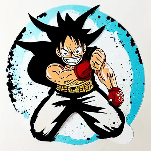 Image similar to die cut sticker, luffy gear 4, splatter paint on paper