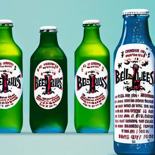 Image similar to an advertisement for a beatles soda, with the beatles pasted on the packaging, soda bottle with a small illustration of the beatles pasted on the packaging.