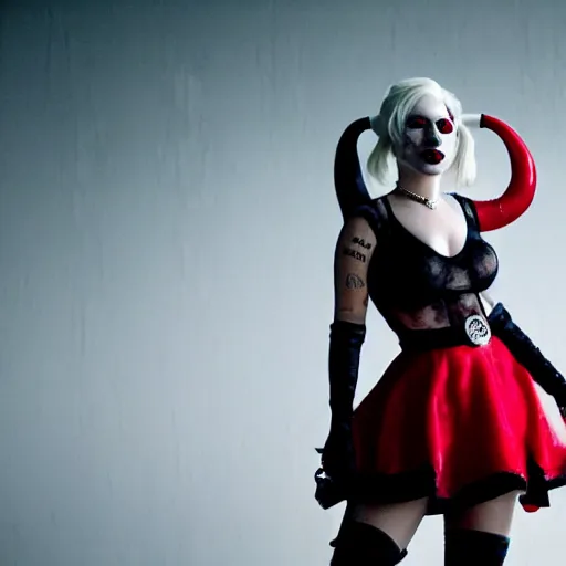 Image similar to Lady gaga as real-life Harley Quinn, cinematic, Wide-shot, atmospheric lighting, directed by Ti West, extreme detail, 8K, movie still