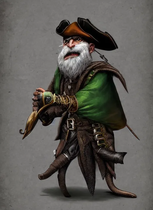 Image similar to rat on two legs with a gray beard, human eyes, pirate hat, green cape, digital art, fantasy, d & d, warhammer, realistic, detailed, dynamic, trending on artstation