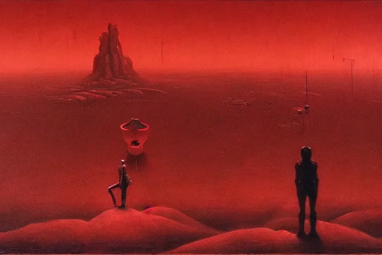 Image similar to only with red, red god of death eat apple, a futuristic city on mars in the background, red worms on the floor, in the style of beksinski, part by hopper, part by rodcenko, part by hofbauer, intricate composition, red by caravaggio, insanely quality, highly detailed, masterpiece, red light, artstation, 8 k