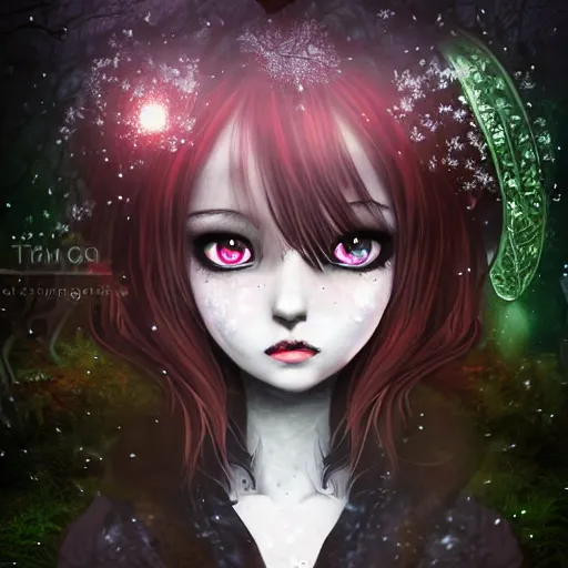 Prompt: focus face portrait of beautiful darkness witch 3D anime girl, dark forest background, snowing, bokeh, inspired by Tim Burton, digital painting, high contrast, unreal engine render, volumetric light, high détail