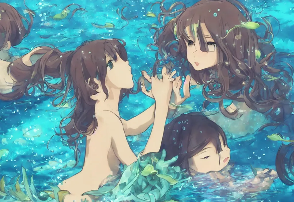 Prompt: youtube lofi anime girl looking out of window underwater with mermaids