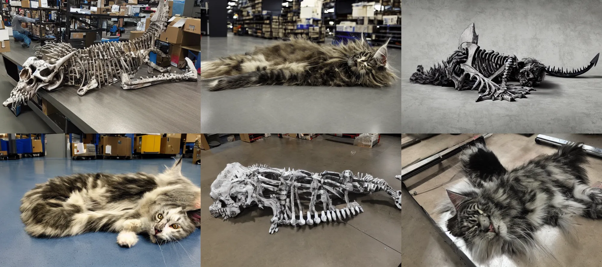 Prompt: picture of frostmourne, the skeleton of a maine coon cat zombie sleeping on amazon warehouse factory floor