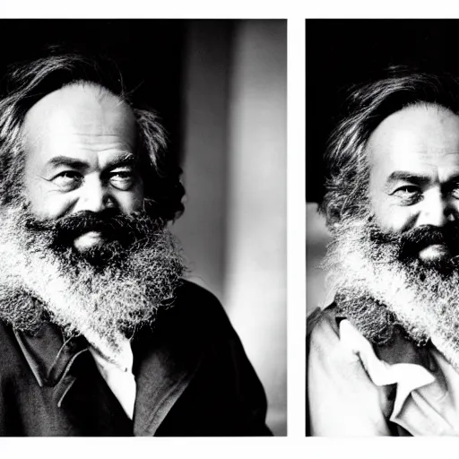 Image similar to Karl Marx smiling, photoshoot, 30mm, Taken with a Pentax1000, studio lighting