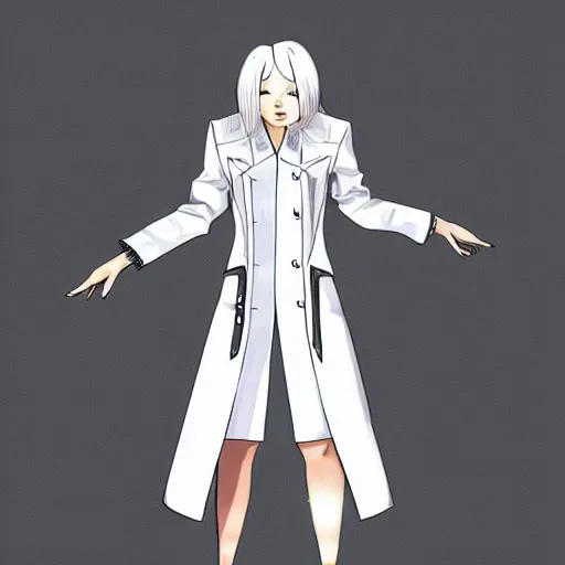 Image similar to futuristic sci - fi white trench coat, clothing design, illustration, 2 d game, anime