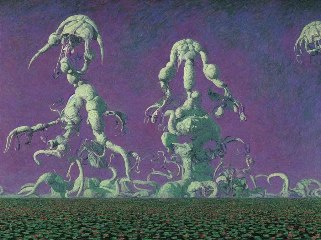 Image similar to psychedelics dream bot mothership over the former species. painting by monet, walton ford, wayne barlowe, agnes pelton, rene magritte