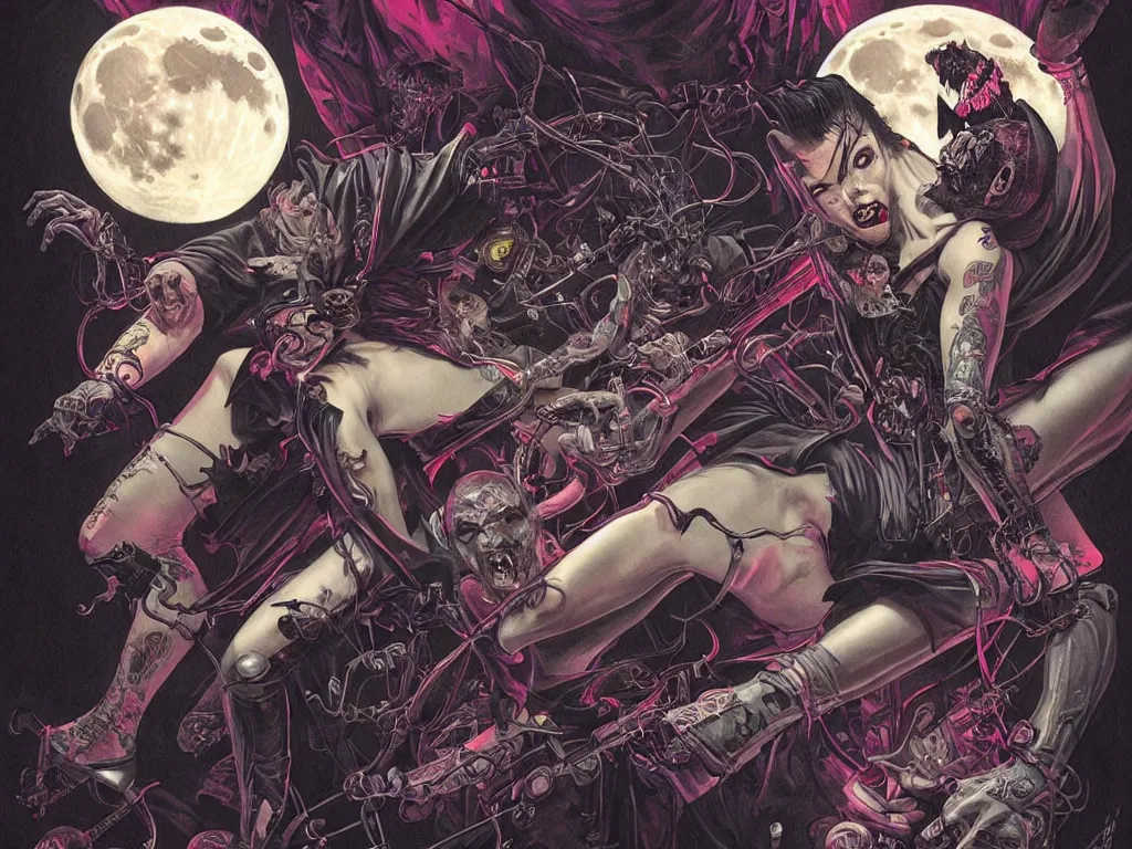 Image similar to dracula dancing on roller skates surrounded by bats and a full moon in the style of american traditional tattoo, neon, cyberpunk, futuristic, stunning, highly detailed, digital painting, smooth, soft focus, illustration, movie poster, japanese typography, digital art from artstation by artgerm and greg rutkowski and alphonse mucha