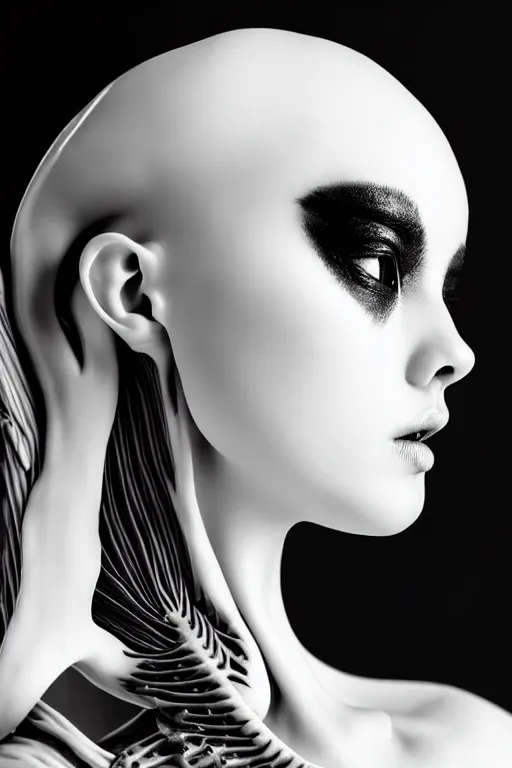 Image similar to monochrome close - up profile face black background beautiful young porcelain vegetal - dragon - cyborg - female 1 5 0 mm beauti