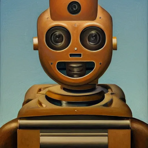 Image similar to intricate and refined, super - intelligent robot with kind eyes portrait, grant wood, pj crook, edward hopper, oil on canvas