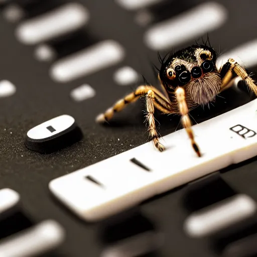 Image similar to a jumping spider, using a miniature computer keyboard, by pixar, macro lens, iridescent