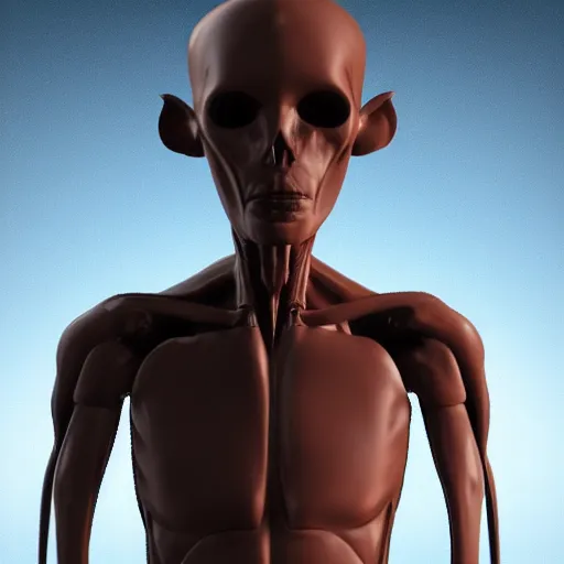 Image similar to a humanoid male alien with skin made of translucid plastic, his organs are luminiscent and can be seen trought his skin, he has an elongated head shape, unreal engine 5