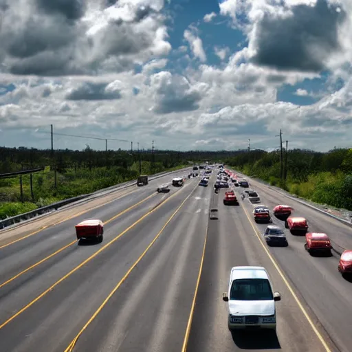 Image similar to photo, 5 0 mm, interstate traffic jam, scattered clouds, midday sun,