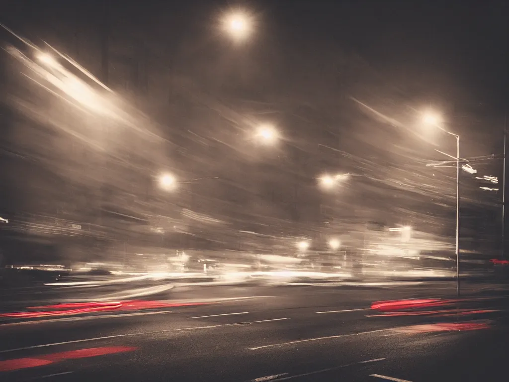 Image similar to “photography of busy intersection, motion blur , fog, red lights, night, mood, atmospheric, full of colour, digital photography”