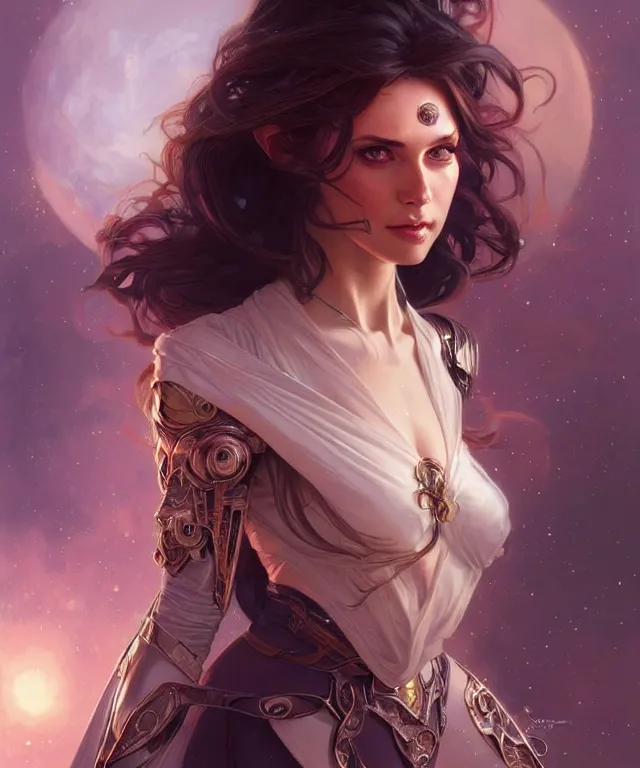 Image similar to fantasy magic woman portrait, sci-fi, amber eyes, face, long hair, fantasy, intricate, elegant, highly detailed, digital painting, artstation, concept art, smooth, sharp focus, illustration, art by artgerm and greg rutkowski and alphonse mucha