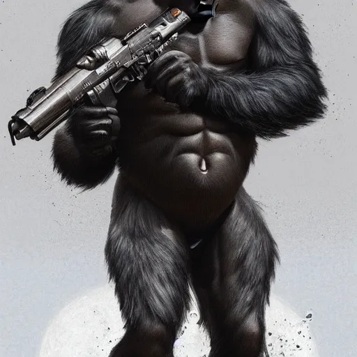 Image similar to detailed science - fiction character portrait of a gorilla with a gun, wild, highly detailed, digital painting, artstation, concept art, smooth, sharp focus, illustration, art by artgerm and greg rutkowski and alphonse mucha