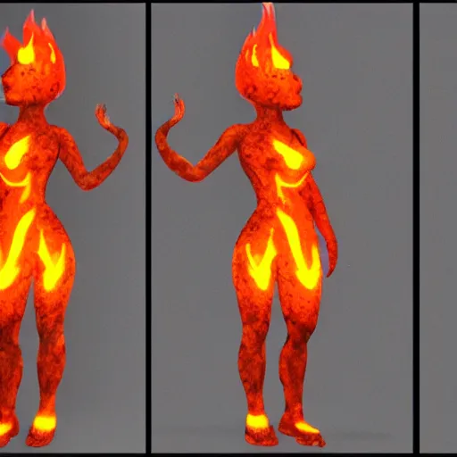 Prompt: a fire lava character skin model + female + she is flaming +she is wearing fire shoes +fullbodyshot