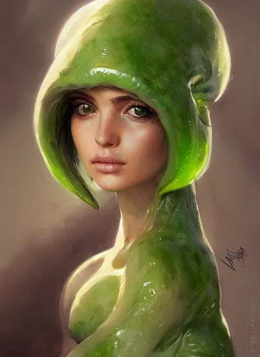 Image similar to portrait of my ethereal waifu cute innocent green slimy alien female froggy lady, ana de armas, with adorable uwu eyes painted by greg rutkowski, wlop, 7 0 s scifi