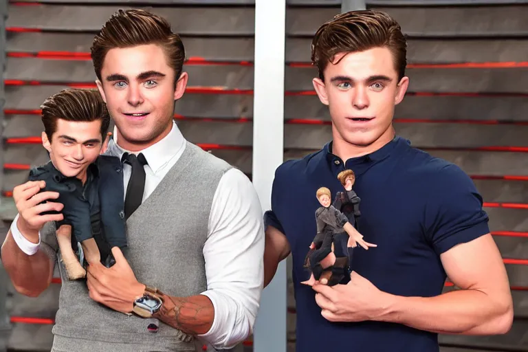 Image similar to studio photograph of zac efron holding a miniaturized tom holland in one hand and a miniaturized robert pattison in his other hand looking very confused