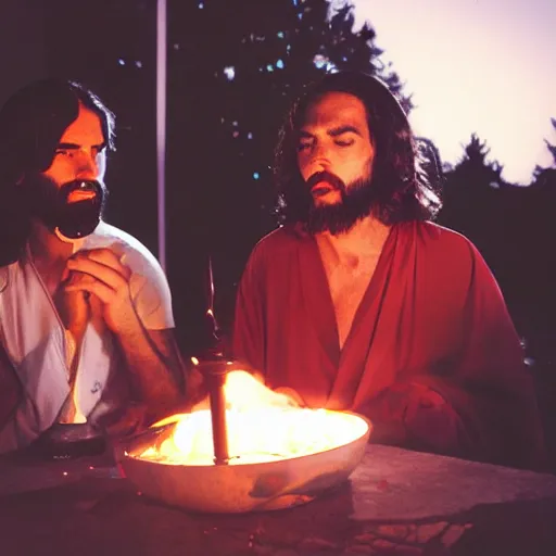 Prompt: jesus and satan smoking a bong together, award winning candid photography, cinematic