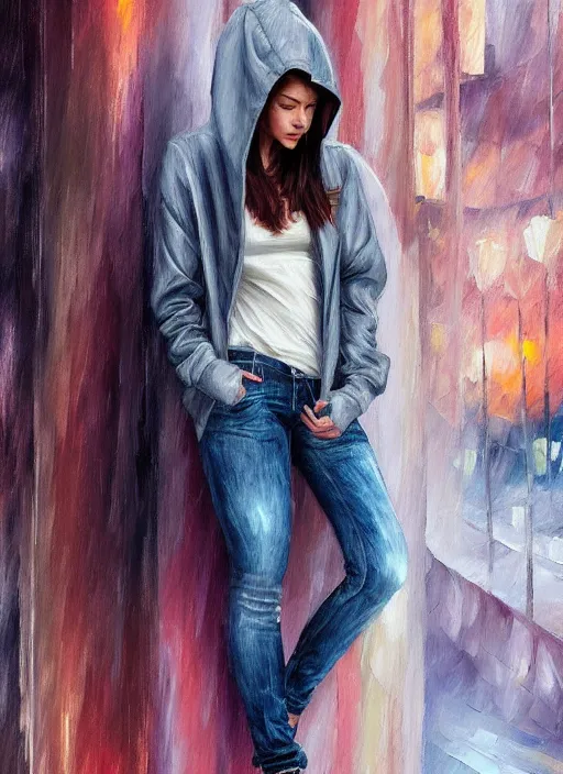 Image similar to jennifer anistan, gray hoodie, jeans, half body shot, path traced, highly detailed, high quality, digital painting, alena aenami, leonid afremov, lilia alvarado, shinji aramaki, karol bak, alphonse mucha, tom bagshaw