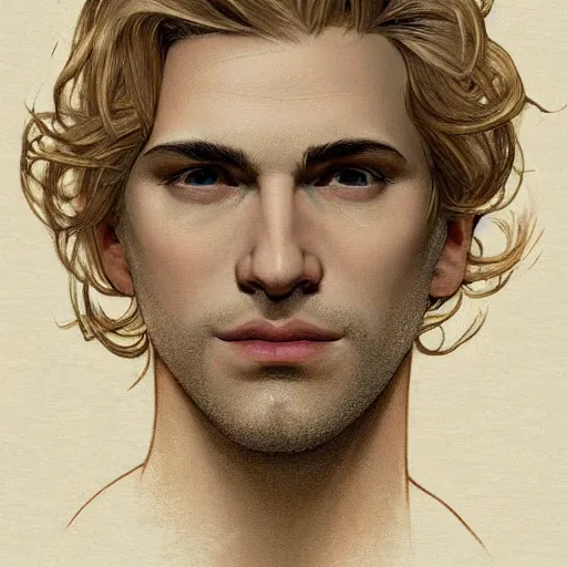 Prompt: Blond Lucius with closed eyes smiling, very detailed sharp angular masculine face, hooked nose and square jaw, long fluffy curly blond hair, light blond hair, NO BEARD, gorgeous, beautiful, intricate, highly detailed, digital painting, artstation, concept art, sharp focus, illustration, art by greg rutkowski and alphonse mucha cfg_scale 8.0