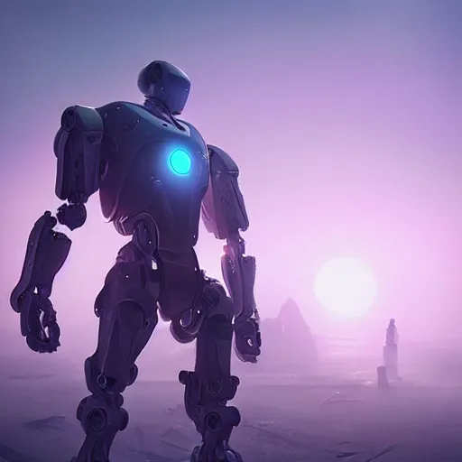 Prompt: hyperrealistic robot, futuristic, sci - fi, greg rutkowski, 3 d render, octane render, unreal engine, purple colors, dramatic lighting, epic composition