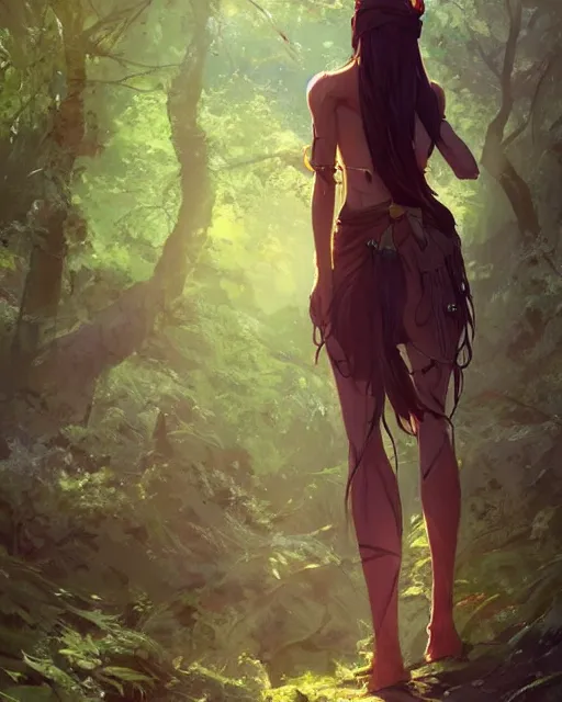 Prompt: a tribeswoman standing in the woods. By Makoto Shinkai, Stanley Artgerm Lau, WLOP, Rossdraws, James Jean, Andrei Riabovitchev, Marc Simonetti, krenz cushart, Sakimichan, D&D trending on ArtStation, digital art.