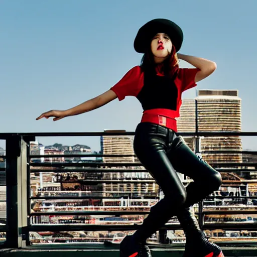 Image similar to Teenage girl, French girl, black beret, black beret with a red star, black shirt with red star, black leather shorts, rollerblading, rollerskates, grinding on railing, city on a hillside, colorful buildings, futuristic architecture