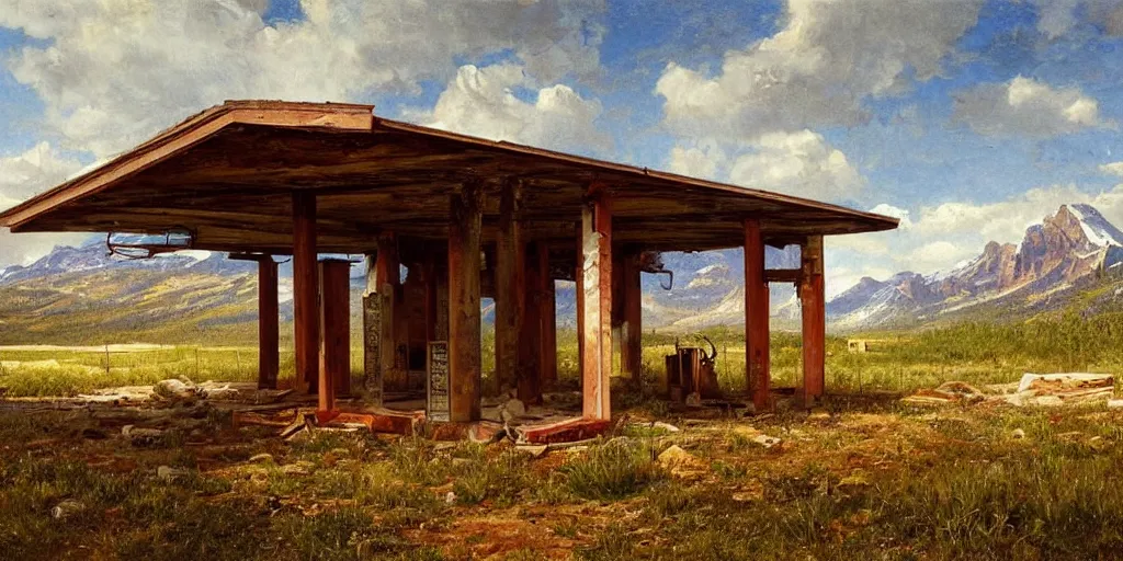 Image similar to an abandoned old rusty American gas station in Colorado mountains, oil painting, highly detailed, artwork, in style of Albert bierstadt