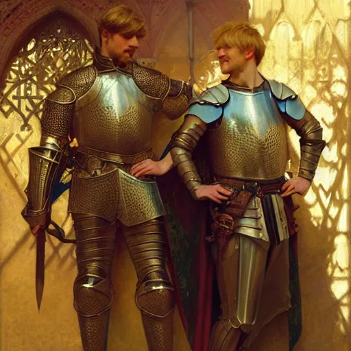 Image similar to attractive arthur pendragon and his attractive male knight, they are in love, natural lighting, path traced, highly detailed, high quality, digital painting, by gaston bussiere, craig mullins, alphonse mucha j. c. leyendecker