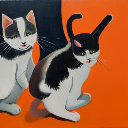 Prompt: Two cats playing ping pong on orange background, oil painting