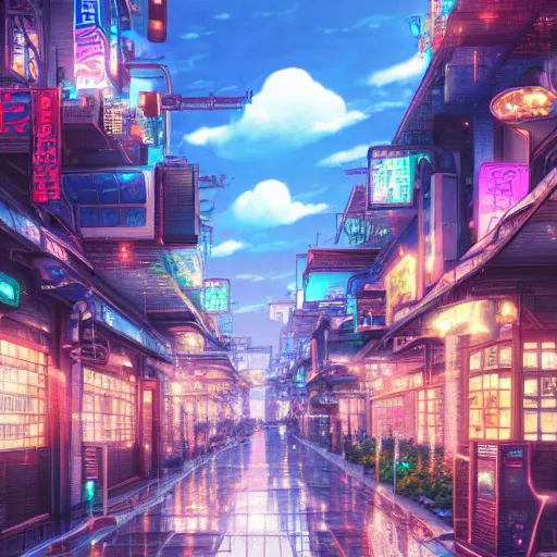Prompt: A beautiful intricate ultradetailed illustration of an anime city street, by beeple, makoto shinkai, thomas kinkade, featured on artstation hd, anime art wallpaper 4k
