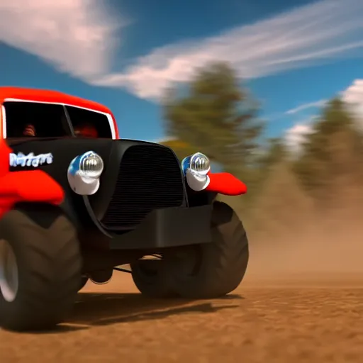 Image similar to A pug driving a monster truck, 8K, HDR, cinematic