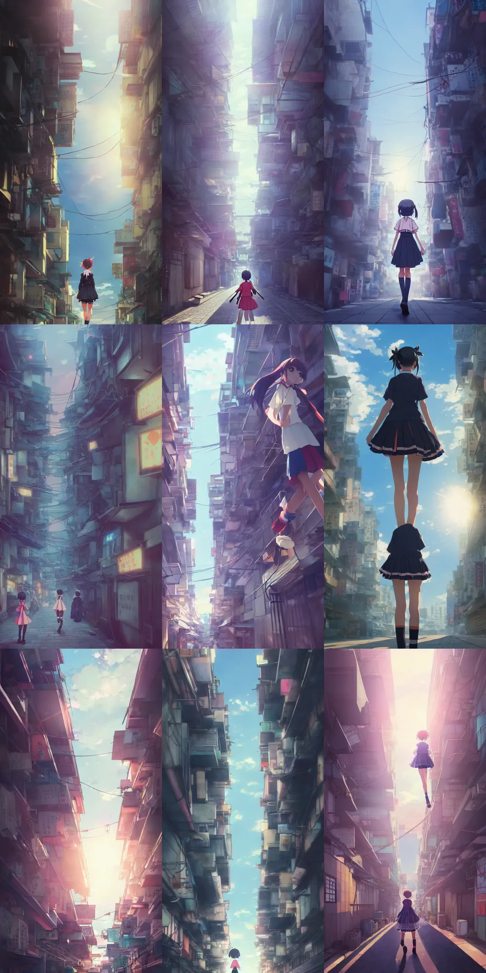 Prompt: anime school girl walk toward light in the alley of hongkong, sky line, extrem low angle shot. by greg rutkowski, makoto shinkai, trending on pixiv, global illumination, radiant light, detailed illustration