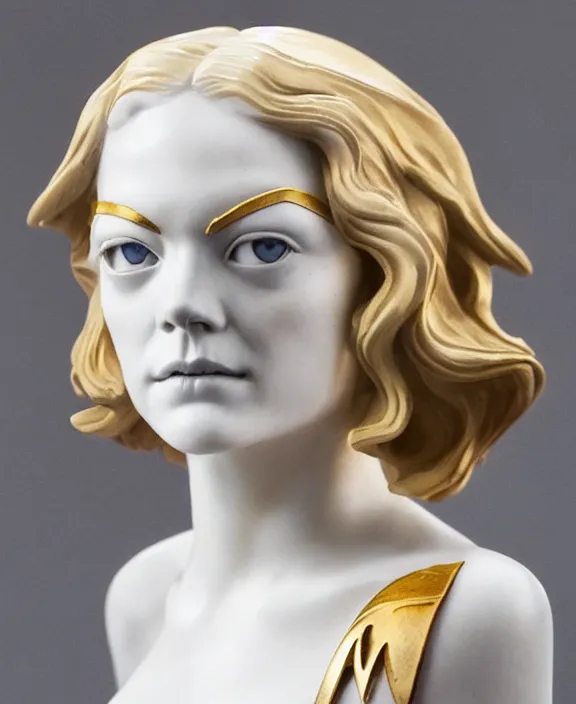 Image similar to a white art nouveau marble and gold sculptural bust of emma stone as wonder woman, wearing a superhero outfit, delicate, intricate, smooth, beautiful, by charles van der stappen