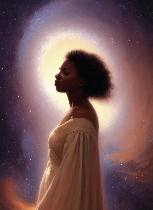 Image similar to oil painting close up portrait of a contemplative young black woman with long flowing hair in a white dress, with white roses, surrounded by colorful nebula stardust galaxies at sunset, hazy, digital art, chiaroscuro, artstation, cinematic, golden hour, concept art, digital art painting by greg rutkowski, william - adolphe bouguereau, hazy atmosphere, cinematic lighting