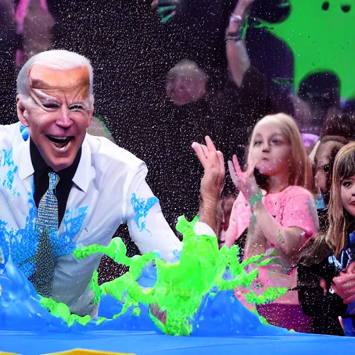 Prompt: joe biden getting slimed at the kids choice awards, dynamic, cinematic photo