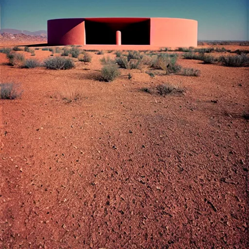 Prompt: a photo taken from inside circular Non-Euclidean clay building sitting in the desert, vintage photo, beautiful cinematography, blue sky, film grain, symmetrical, James Turrell