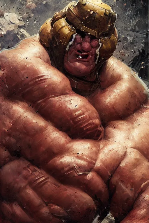 Prompt: upper body and head portrait of hulking brock lesnar as marvel juggernaut wearing battered armour, norman rockwell, wayne barlow, raymond swanland, tom lovell, alex malveda, boris vallejo, jack kirby, lawrence alma tadema, greg staples, jeremy mann, artstation comic character concept