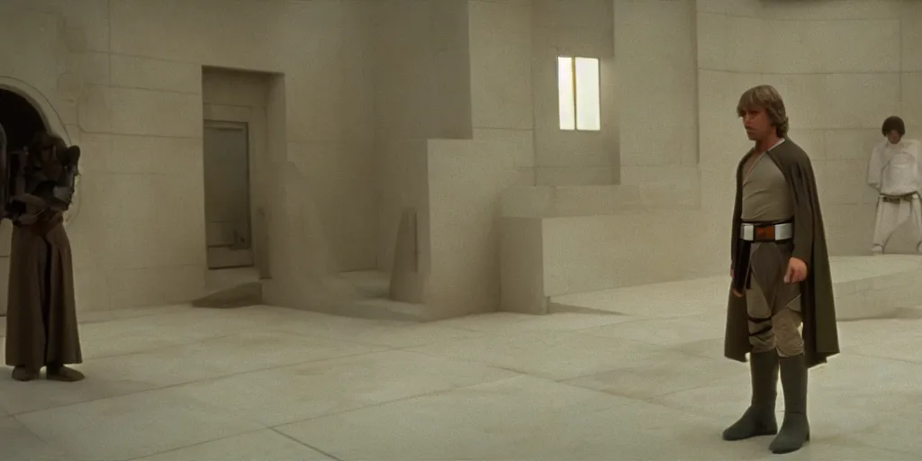 Image similar to screenshot of master Luke Skywalker alone in a a Jedi Temple, 1970s thriller by Stanely Kubrick film, color kodak, ektochrome, anamorphic lenses, detailed faces, moody cinematography